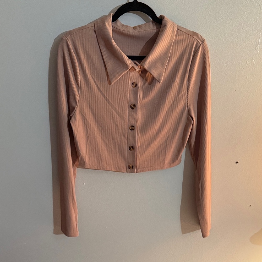 Women's Tan Button-Up Collared Top